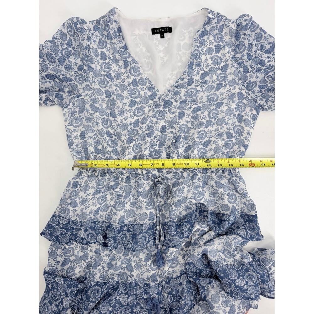1.State Blue White Paisley Tiered Ruffle Mini Dress Puff Sleeve Tie Waist Medium - Picture 8 of 9